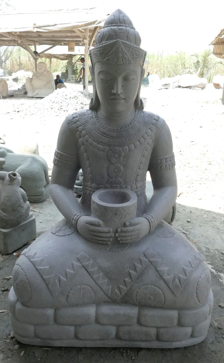  Product image 2 of the product “Seated Buddha in Thai style made of Riverstone, Holds a vessel in his hands, H. 154cm. ”